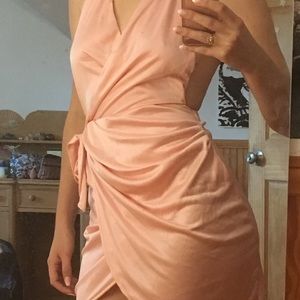 Pink Silky Satin Wrap Halter Dress XS